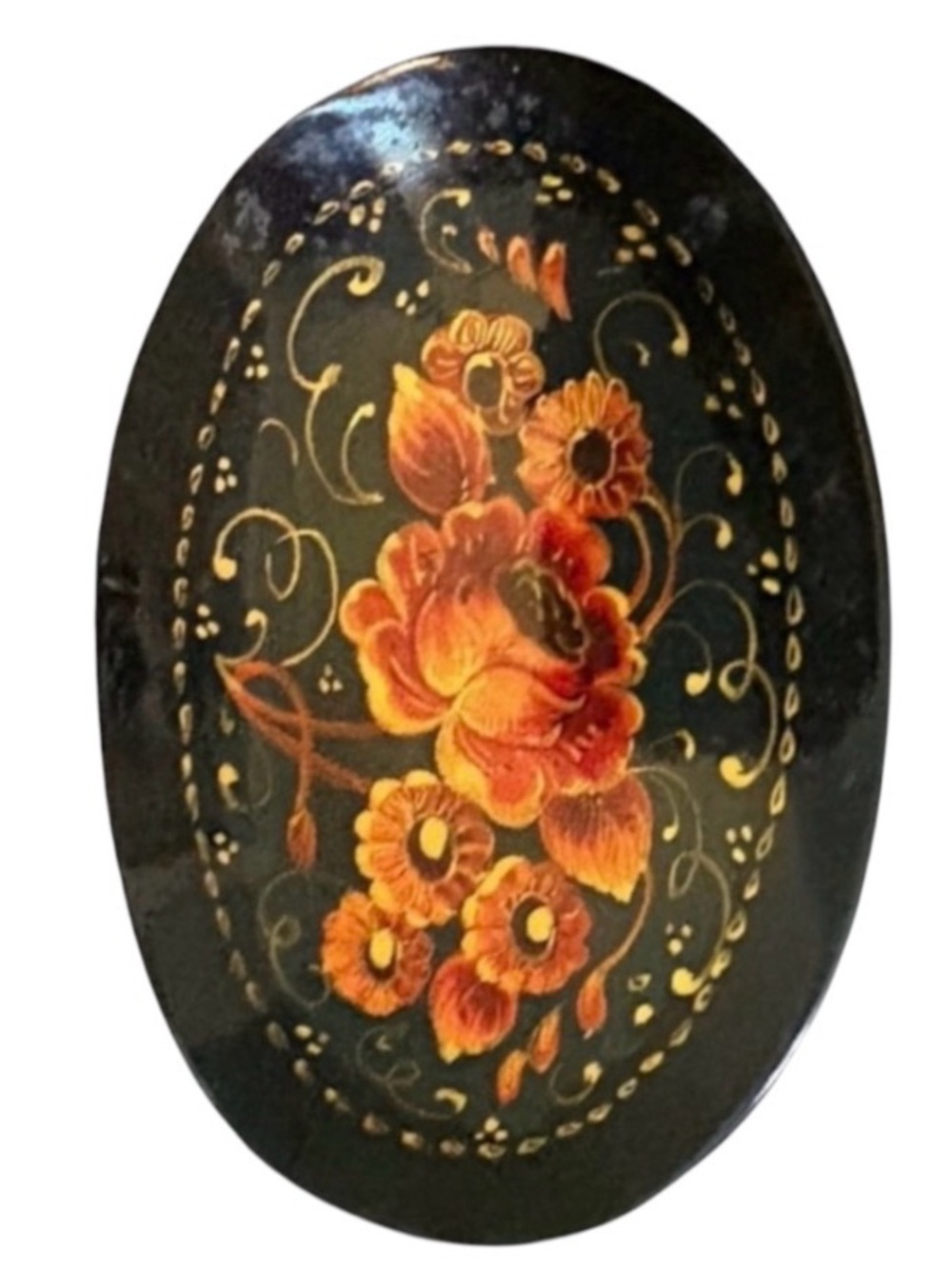 VINTAGE RUSSIAN OVAL LACQUERED HAND PAINTED ROSE PIN BROOCH (SIGNED)